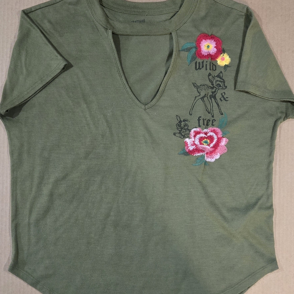 Disney Olive Green Bambi Tee with Floral Embroidery